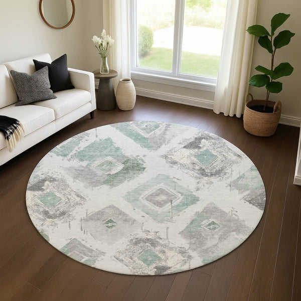 HomeRoots 8' Pale Aqua Gray and Ivory Abstract Geometric Round Rug - Washable, Durable, UV-Protected Design 696629