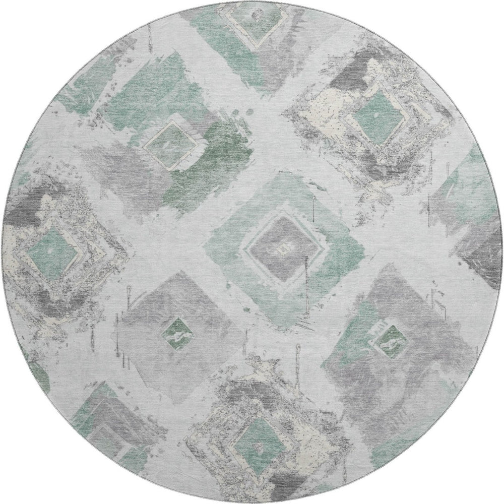 HomeRoots 8' Pale Aqua Gray and Ivory Abstract Geometric Round Rug - Washable, Durable, UV-Protected Design 696629