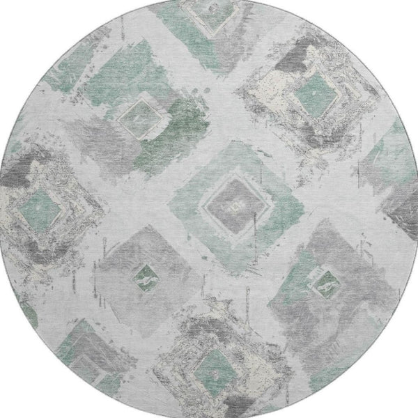 HomeRoots 8' Pale Aqua Gray and Ivory Abstract Geometric Round Rug - Washable, Durable, UV-Protected Design 696629