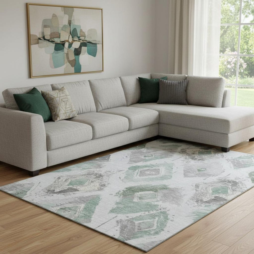 HomeRoots 8' X 10' Pale Aqua Gray & Ivory Abstract Geometric Area Rug - Washable, UV Protected, and Durable! 696630