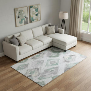 HomeRoots 9' X 12' Pale Aqua Gray Ivory Geometric Area Rug - Washable, UV-Protected, Stain-Resistant Design 696631