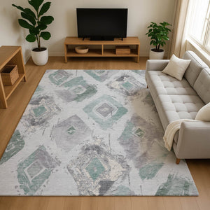 HomeRoots 9' X 12' Pale Aqua Gray Ivory Geometric Area Rug - Washable, UV-Protected, Stain-Resistant Design 696631