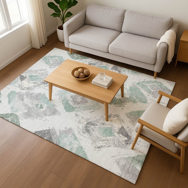 HomeRoots 9' X 12' Pale Aqua Gray Ivory Geometric Area Rug - Washable, UV-Protected, Stain-Resistant Design 696631