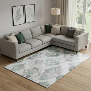 HomeRoots 10' Pale Aqua Gray and Ivory Geometric Washable Area Rug with UV Protection for Active Homes 696632