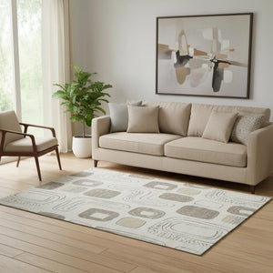 HomeRoots 5' X 8' Beige Taupe Geometric Washable Area Rug - Stylish, Durable, UV Protected for High-Traffic Areas 696634