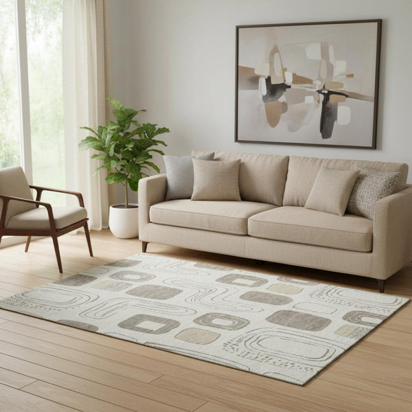 HomeRoots 5' X 8' Beige Taupe Geometric Washable Area Rug - Stylish, Durable, UV Protected for High-Traffic Areas 696634