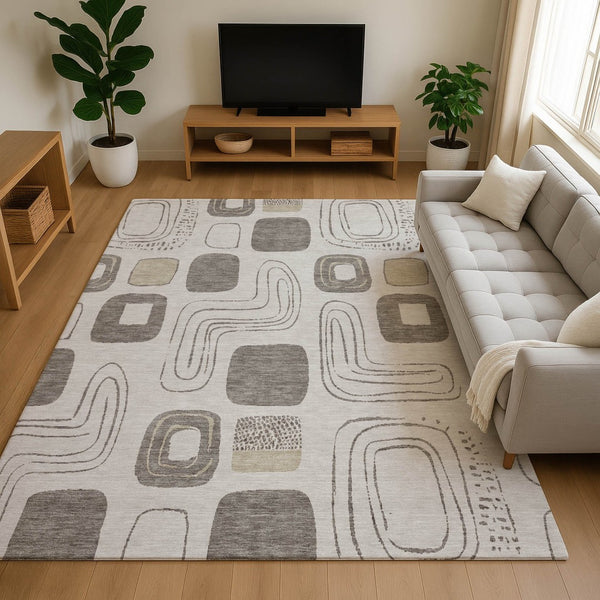 HomeRoots 5' X 8' Beige Taupe Geometric Washable Area Rug - Stylish, Durable, UV Protected for High-Traffic Areas 696634