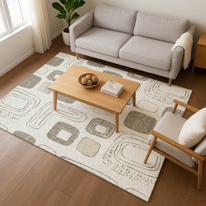 HomeRoots 5' X 8' Beige Taupe Geometric Washable Area Rug - Stylish, Durable, UV Protected for High-Traffic Areas 696634