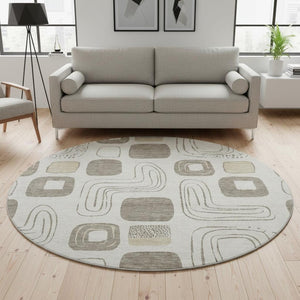 HomeRoots 8' Stylish Geometric Washable Round Rug in Beige, Taupe & Khaki – UV Protected, Kid & Pet Friendly! 696635