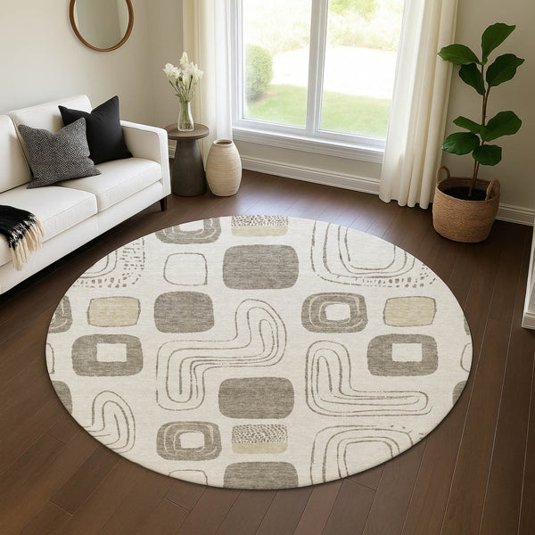 HomeRoots 8' Stylish Geometric Washable Round Rug in Beige, Taupe & Khaki – UV Protected, Kid & Pet Friendly! 696635