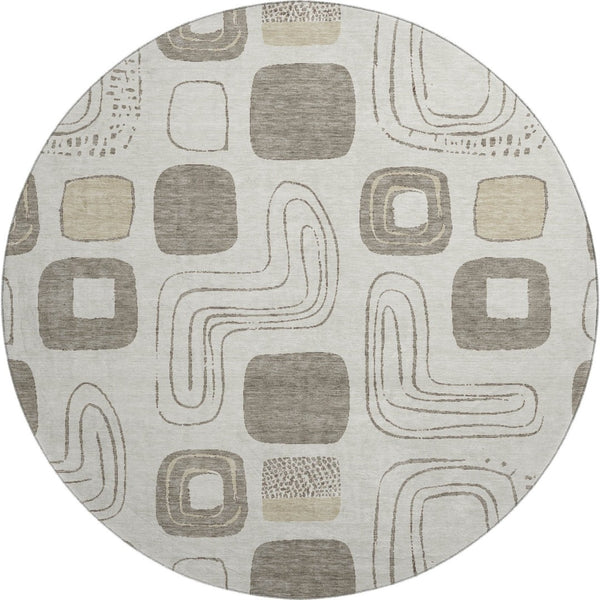 HomeRoots 8' Stylish Geometric Washable Round Rug in Beige, Taupe & Khaki – UV Protected, Kid & Pet Friendly! 696635