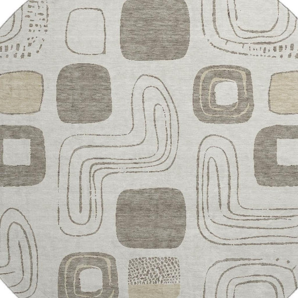 HomeRoots 8' Stylish Geometric Washable Round Rug in Beige, Taupe & Khaki – UV Protected, Kid & Pet Friendly! 696635