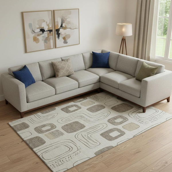 HomeRoots 9' X 12' Modern Beige Taupe & Khaki Geometric Area Rug – Washable, Stain-Resistant & UV Protected! 696637