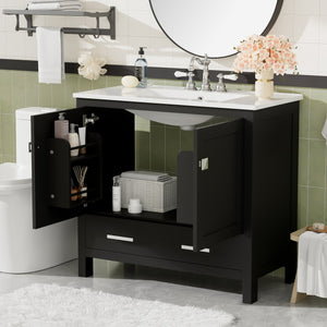 English Elm 36" Black Bathroom Vanity with Ceramic Sink, Soft-Close Doors, Divided Drawer & Double Shelves — Modern Storage Solution for Small to Medium Baths N729P276609B