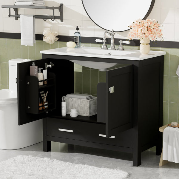English Elm 36" Black Bathroom Vanity with Ceramic Sink, Soft-Close Doors, Divided Drawer & Double Shelves — Modern Storage Solution for Small to Medium Baths N729P276609B