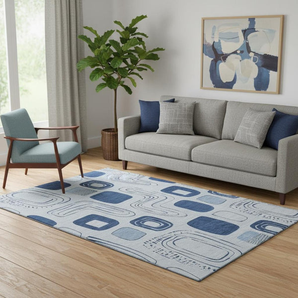 HomeRoots 5' X 8' Stylish Blue and Ivory Geometric Washable Area Rug with UV Protection for High Traffic Areas 696640