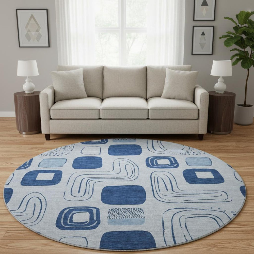 HomeRoots 8' Sky Blue & Ivory Geometric Washable Round Rug - UV Protected, Stain Resistant for Busy Homes 696641