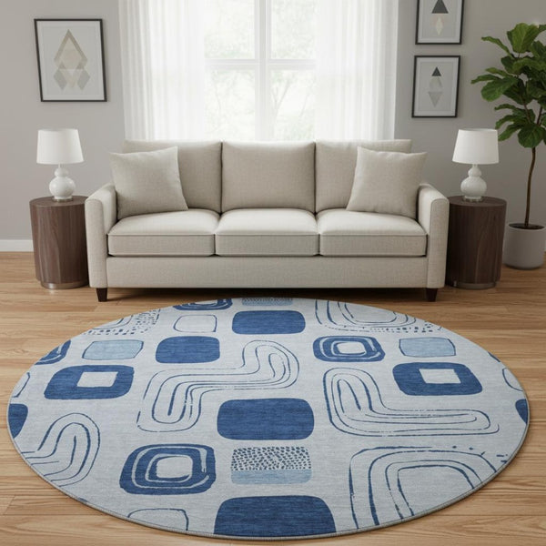 HomeRoots 8' Sky Blue & Ivory Geometric Washable Round Rug - UV Protected, Stain Resistant for Busy Homes 696641
