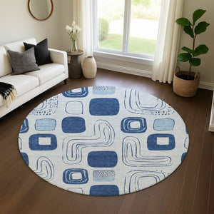 HomeRoots 8' Sky Blue & Ivory Geometric Washable Round Rug - UV Protected, Stain Resistant for Busy Homes 696641