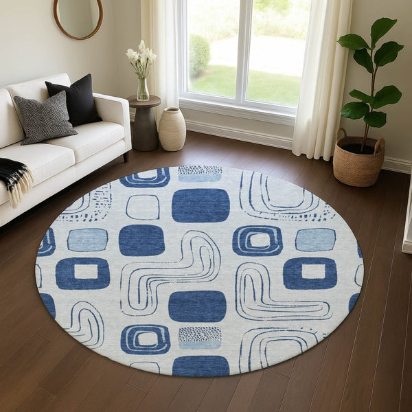 HomeRoots 8' Sky Blue & Ivory Geometric Washable Round Rug - UV Protected, Stain Resistant for Busy Homes 696641