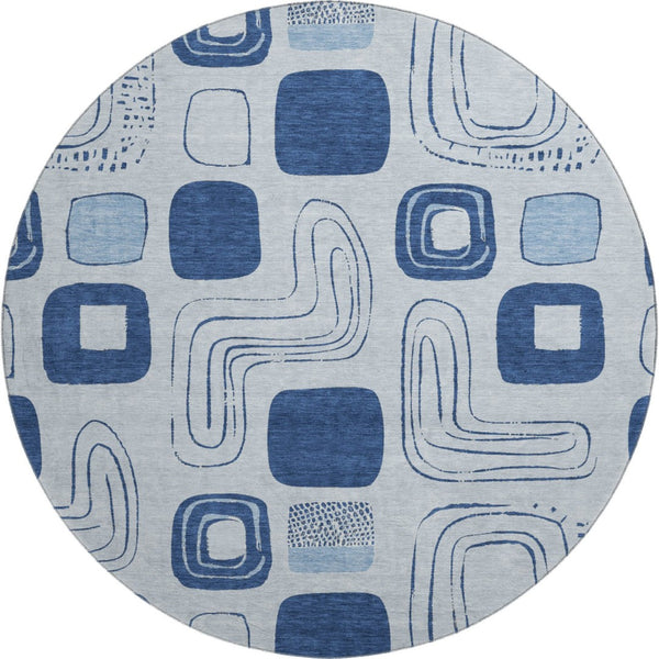 HomeRoots 8' Sky Blue & Ivory Geometric Washable Round Rug - UV Protected, Stain Resistant for Busy Homes 696641