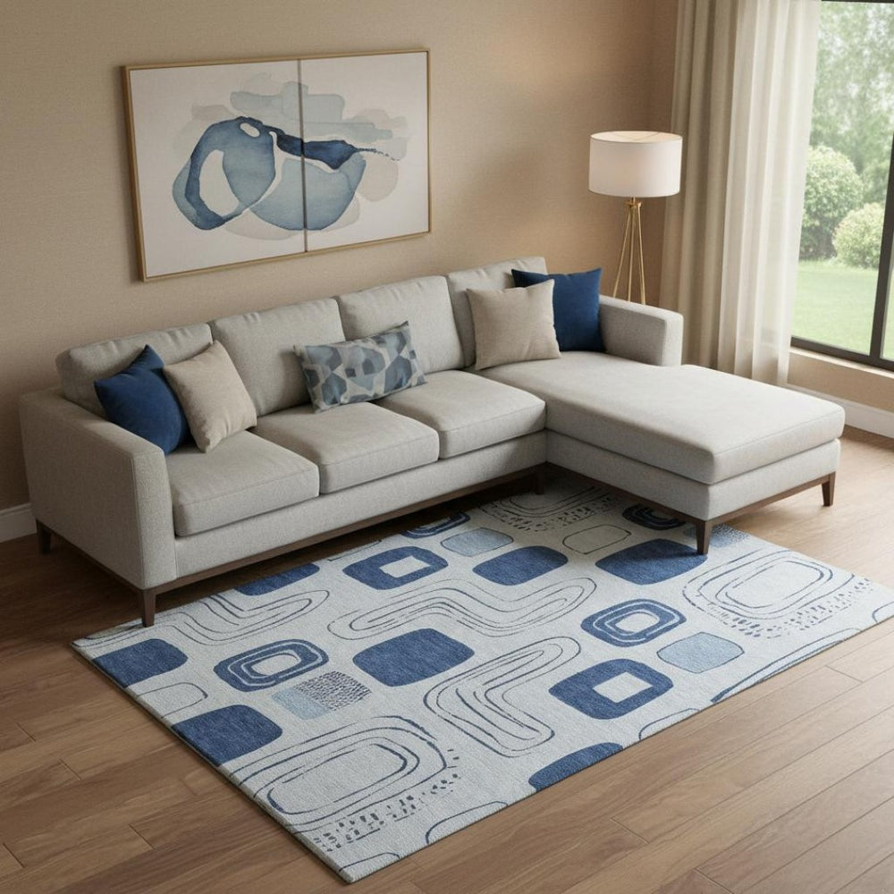 HomeRoots 9' X 12' Blue Sky Blue and Ivory Geometric Area Rug - Durable, Washable, UV-Protected for Modern Homes 696643