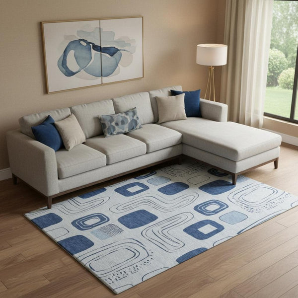 HomeRoots 9' X 12' Blue Sky Blue and Ivory Geometric Area Rug - Durable, Washable, UV-Protected for Modern Homes 696643