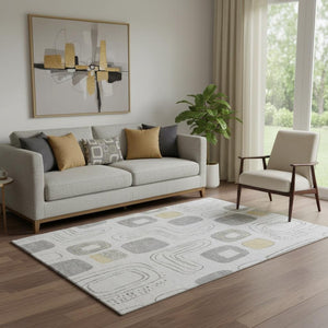 HomeRoots 5' Gray Silver and Gold Geometric Area Rug - Washable, UV Protected, Durable Design for Any Room 696646
