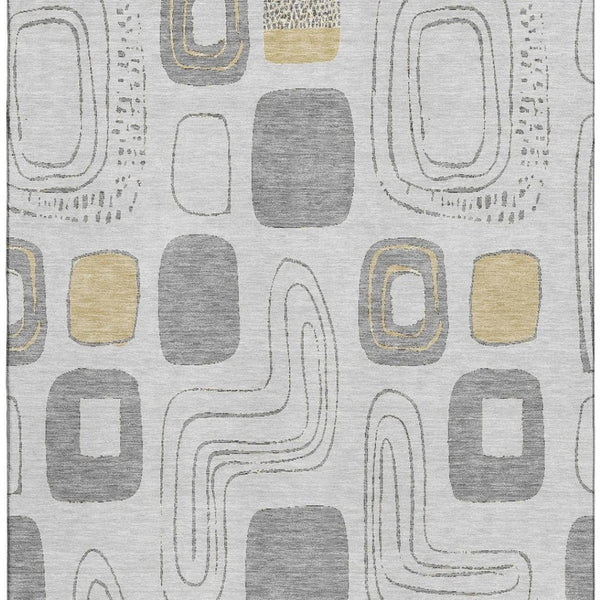 HomeRoots 5' Gray Silver and Gold Geometric Area Rug - Washable, UV Protected, Durable Design for Any Room 696646