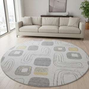 HomeRoots 8' Stylish Gray, Silver & Gold Geometric Washable Round Rug with UV Protection for High-Traffic Areas 696647