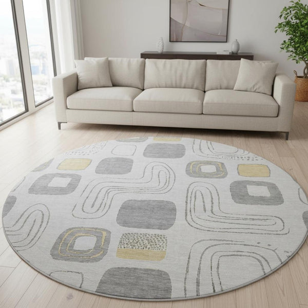 HomeRoots 8' Stylish Gray, Silver & Gold Geometric Washable Round Rug with UV Protection for High-Traffic Areas 696647