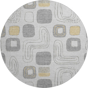 HomeRoots 8' Stylish Gray, Silver & Gold Geometric Washable Round Rug with UV Protection for High-Traffic Areas 696647