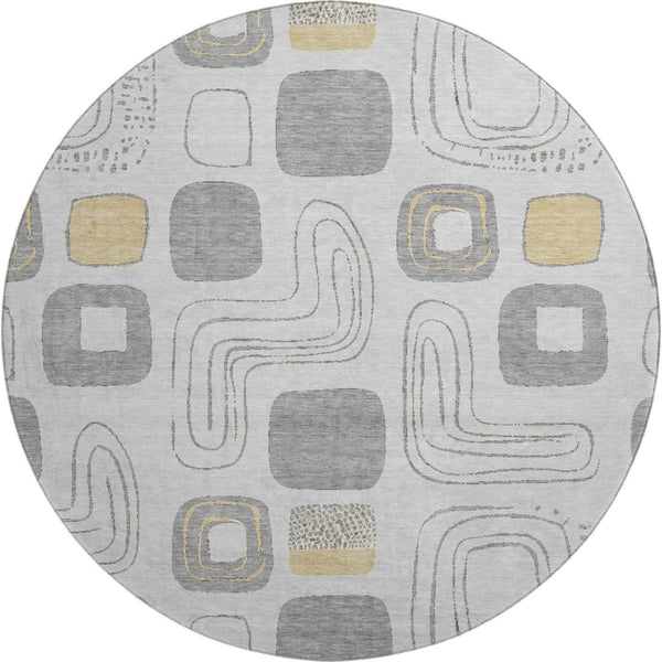 HomeRoots 8' Stylish Gray, Silver & Gold Geometric Washable Round Rug with UV Protection for High-Traffic Areas 696647