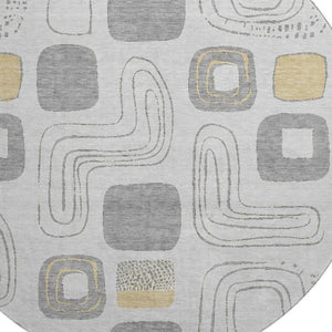 HomeRoots 8' Stylish Gray, Silver & Gold Geometric Washable Round Rug with UV Protection for High-Traffic Areas 696647