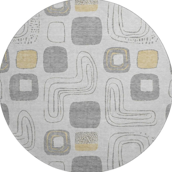 HomeRoots 8' Stylish Gray, Silver & Gold Geometric Washable Round Rug with UV Protection for High-Traffic Areas 696647