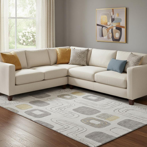 HomeRoots 8' X 10' Modern Gray Gold Geometric Washable Area Rug with UV Protection for Pets & Kids’ Spaces 696648