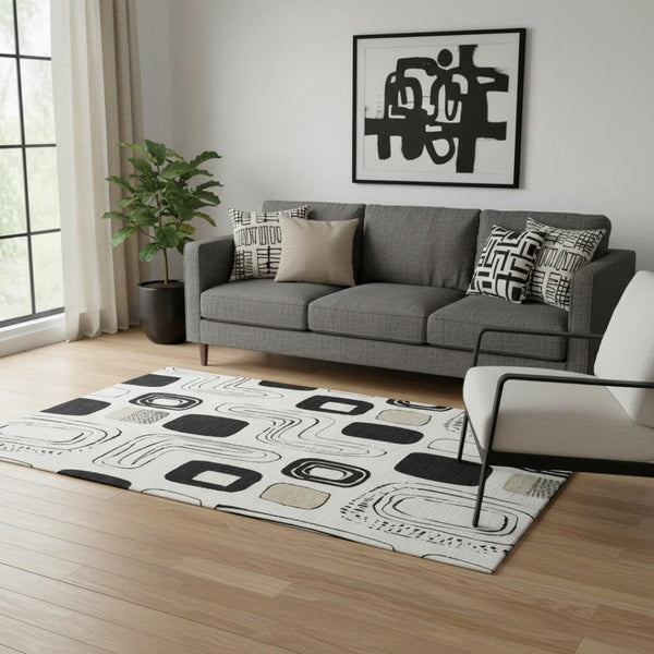 HomeRoots 5' X 8' Ivory, Black & Beige Geometric Area Rug - Washable, UV-Protected, Non-Slip & Stain-Resistant 696652