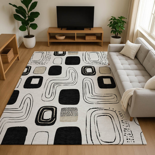HomeRoots 5' X 8' Ivory, Black & Beige Geometric Area Rug - Washable, UV-Protected, Non-Slip & Stain-Resistant 696652