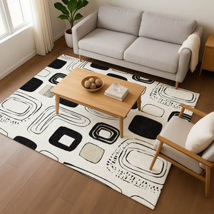 HomeRoots 5' X 8' Ivory, Black & Beige Geometric Area Rug - Washable, UV-Protected, Non-Slip & Stain-Resistant 696652