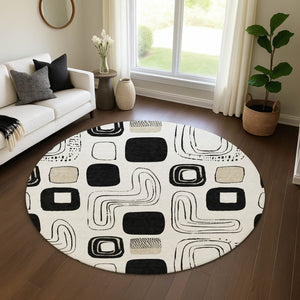 HomeRoots 8' Ivory Black Beige Geometric Washable Round Rug - Durable, Stylish & UV-Protected for Every Home 696653