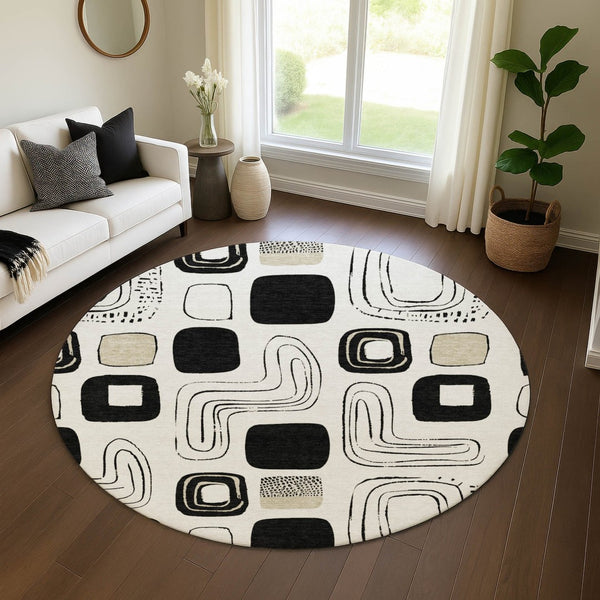 HomeRoots 8' Ivory Black Beige Geometric Washable Round Rug - Durable, Stylish & UV-Protected for Every Home 696653