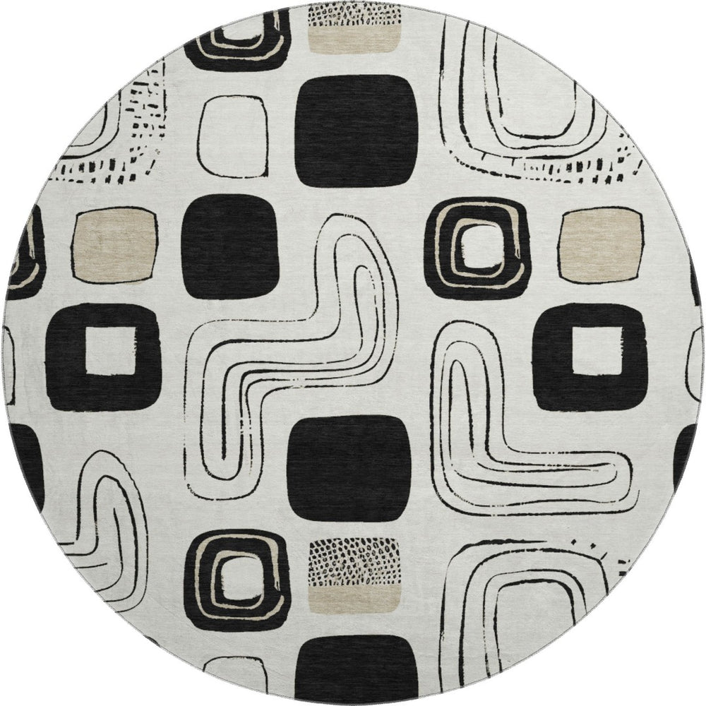 HomeRoots 8' Ivory Black Beige Geometric Washable Round Rug - Durable, Stylish & UV-Protected for Every Home 696653