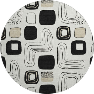 HomeRoots 8' Ivory Black Beige Geometric Washable Round Rug - Durable, Stylish & UV-Protected for Every Home 696653