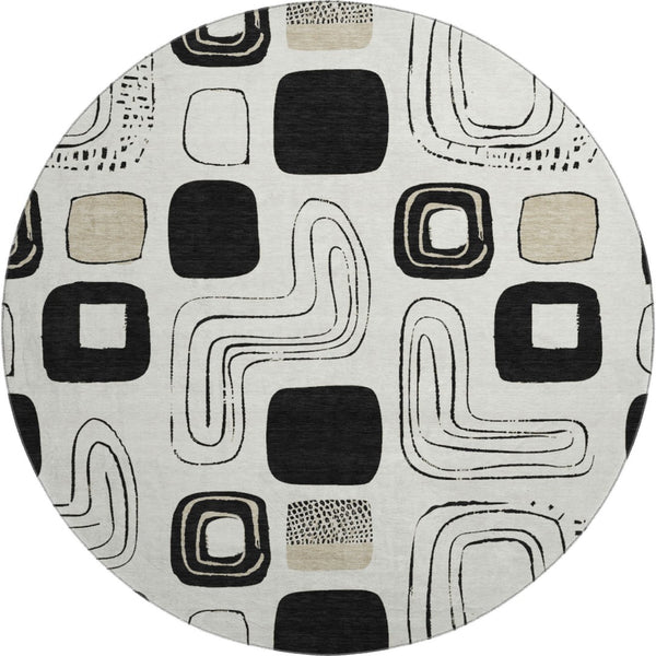 HomeRoots 8' Ivory Black Beige Geometric Washable Round Rug - Durable, Stylish & UV-Protected for Every Home 696653