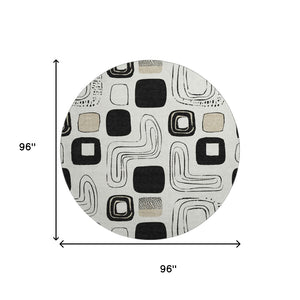 HomeRoots 8' Ivory Black Beige Geometric Washable Round Rug - Durable, Stylish & UV-Protected for Every Home 696653