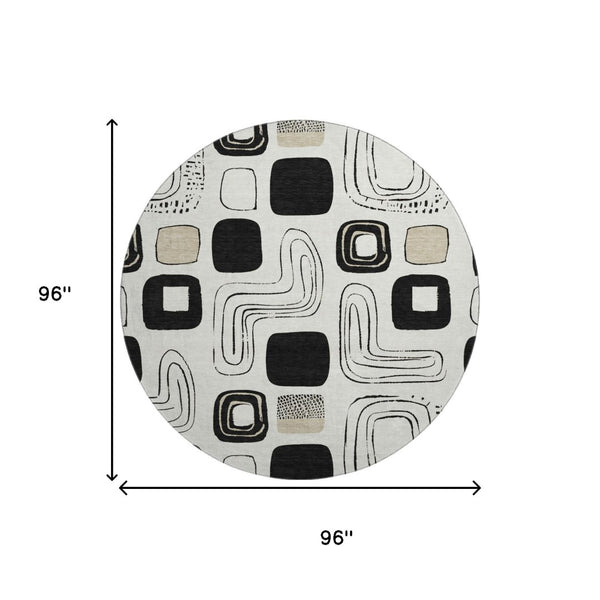 HomeRoots 8' Ivory Black Beige Geometric Washable Round Rug - Durable, Stylish & UV-Protected for Every Home 696653