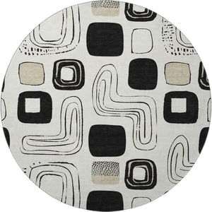 HomeRoots 8' Ivory Black Beige Geometric Washable Round Rug - Durable, Stylish & UV-Protected for Every Home 696653