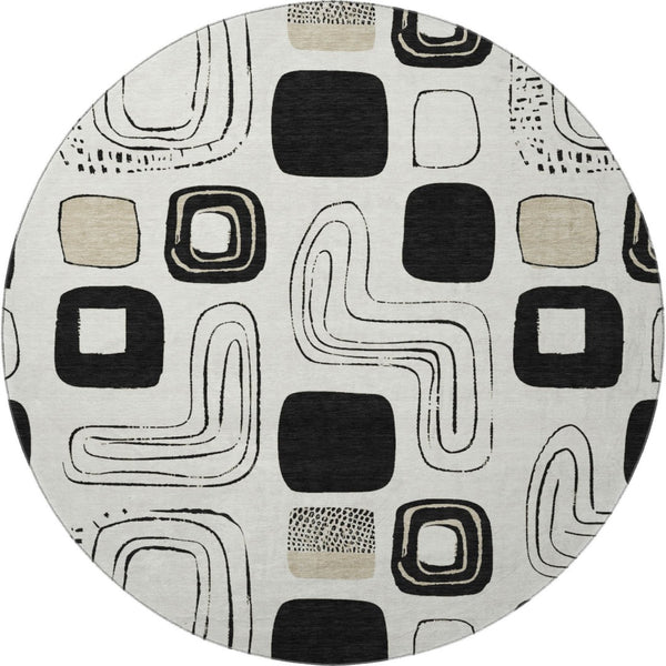 HomeRoots 8' Ivory Black Beige Geometric Washable Round Rug - Durable, Stylish & UV-Protected for Every Home 696653