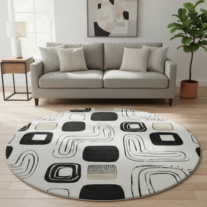 HomeRoots 8' Ivory Black Beige Geometric Washable Round Rug - Durable, Stylish & UV-Protected for Every Home 696653
