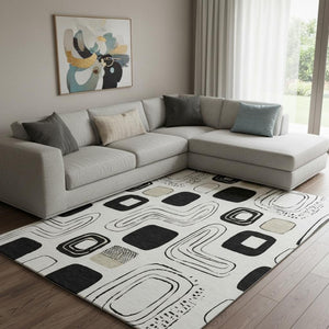 HomeRoots 8' X 10' Modern Ivory Black and Beige Geometric Washable Area Rug with UV Protection for Every Home 696654
